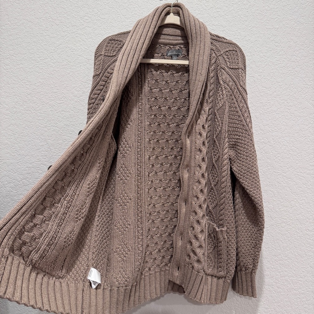 LLBean Signature Fisherman Cable Knit Sweater Cardigan Grandpa Cotton Brwn Tan L - Picture 3 of 16